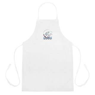 Jesus Saves embroidered apron with waves and a small boat design; white apron front view.