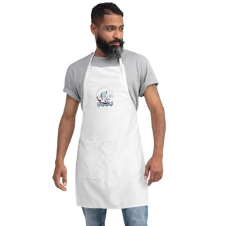Jesus Saves embroidered apron with waves and a small boat design; white, full front on a bearded model.