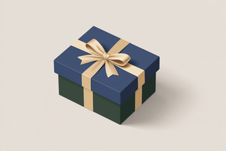 Illustrated navy and green gift box tied with a gold ribbon