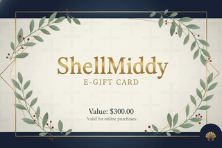 ShellMiddy $300 e-gift card with a leafy border and navy accents