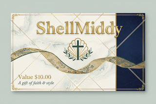 ShellMiddy $10 gift-card illustration in cream, navy and gold