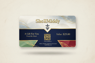 ShellMiddy $25 gift-card illustration with navy, gold and colorful corners