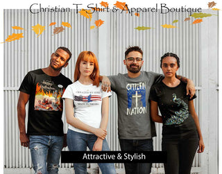 Autumn leaves, people wearing ShellMiddy.com Christian t-shirts