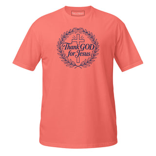 Front view of Thank GOD for Jesus Christian T-shirt in Coral Silk