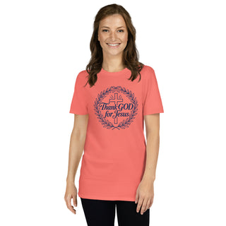 Thank GOD for Jesus Christian T-shirt in Coral Silk, alternate front view