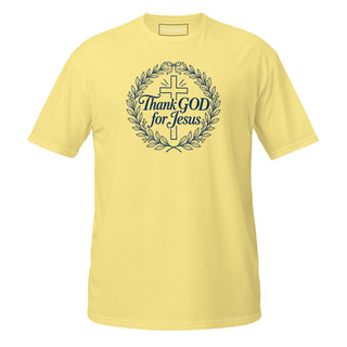 Front view of Thank GOD for Jesus Christian T-shirt in Cornsilk