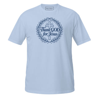 Front view of Thank GOD for Jesus Christian T-shirt in Light Blue