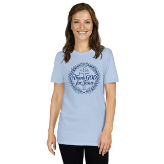 Thank GOD for Jesus Christian T-shirt in Light Blue, alternate front view