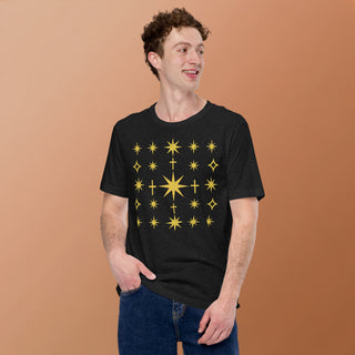 Golden Star & Cross Pattern Christian T-Shirt – Soft Unisex Tee bethlehem star tee, christian apparel unisex, christian gifts, christian t-shirt, cross star pattern, faith fashion, gold christian design, holiday christian shirt, unisex ShellMiddy Shirts & Tops Product mockup