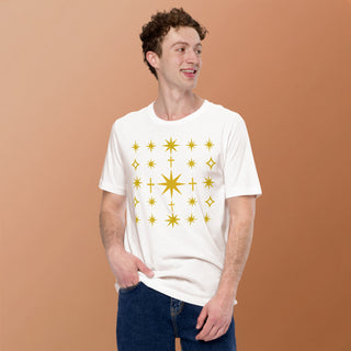 Golden Star & Cross Pattern Christian T-Shirt – Soft Unisex Tee bethlehem star tee, christian apparel unisex, christian gifts, christian t-shirt, cross star pattern, faith fashion, gold christian design, holiday christian shirt, unisex ShellMiddy Shirts & Tops Product mockup