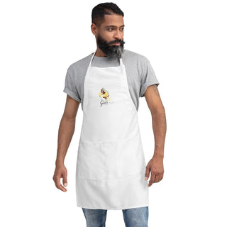 Man modeling the white Amazing Grace apron over a gray shirt.