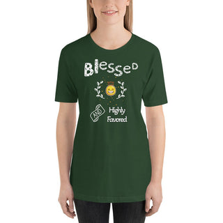 Green T-shirt with Blessed and Highly Favored lettering with a smiling sun, modeled, front view
