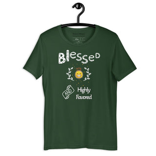 Green T-shirt with Blessed and Highly Favored lettering with a smiling sun, on a hanger, front view