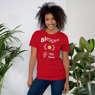 Red T-shirt with Blessed and Highly Favored lettering with a smiling sun, modeled beside plants
