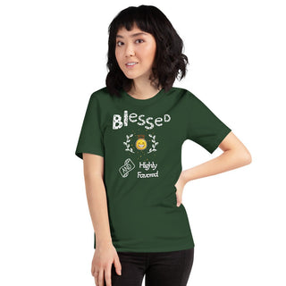 Green T-shirt with Blessed and Highly Favored lettering with a smiling sun, modeled with hand on hip