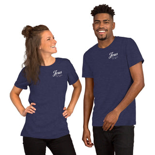 Navy T-shirt with small Jesus script at the left chest, worn by two models