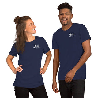 Navy T-shirt with small Jesus script at the left chest, worn by two models