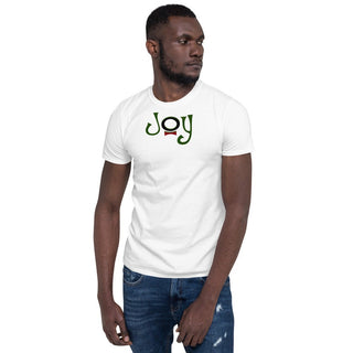 White T-shirt with Joy bow-tie lettering, modeled, front view