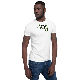 White T-shirt with Joy bow-tie lettering, modeled, opposite front angle