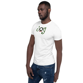 White T-shirt with Joy bow-tie lettering, modeled, side angle