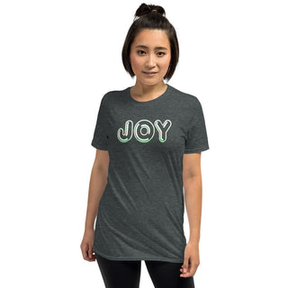 Dark gray T-shirt with outlined JOY bubble lettering, modeled, front view
