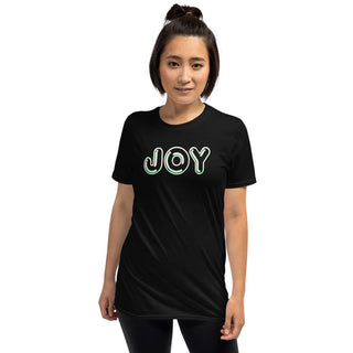 Black T-shirt with outlined JOY bubble lettering, modeled, front view