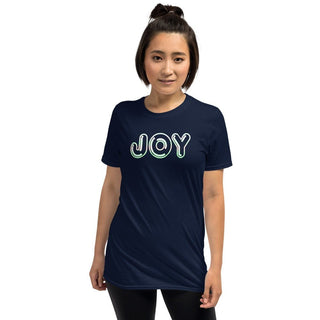 Navy T-shirt with outlined JOY bubble lettering, modeled, front view