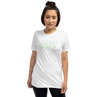 White T-shirt with outlined JOY bubble lettering, modeled, front view