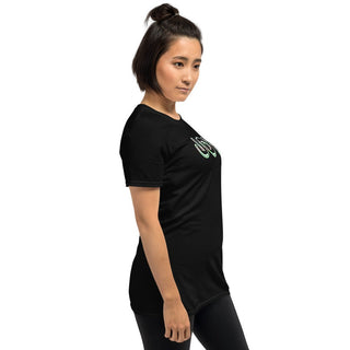 Black T-shirt with outlined JOY bubble lettering, modeled, side view
