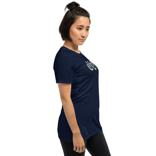 Navy T-shirt with outlined JOY bubble lettering, modeled, side view