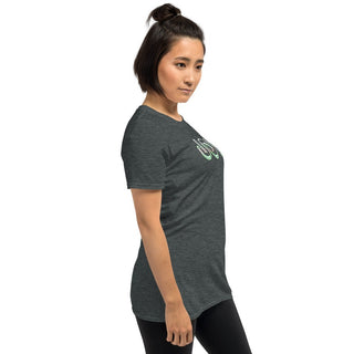 Dark gray T-shirt with outlined JOY bubble lettering, modeled, side view