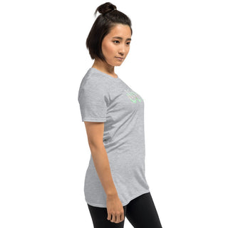Light gray T-shirt with outlined JOY bubble lettering, modeled, side view