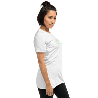 White T-shirt with outlined JOY bubble lettering, modeled, side view