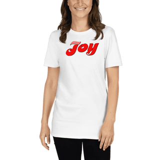 White T-shirt with red Joy script, modeled by a woman on a green background