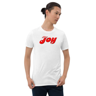 White T-shirt with red Joy script, modeled by a man with tied-back hair