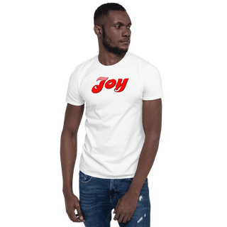 White T-shirt with red Joy script, modeled by a man on a green background