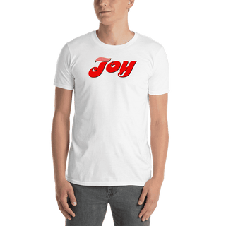 White T-shirt with red Joy script, modeled by a man, straight-on view