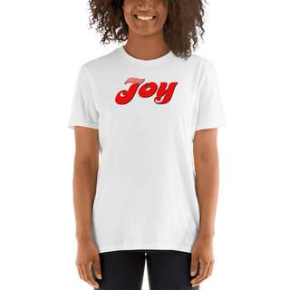 White T-shirt with red Joy script, modeled by a woman with curly hair