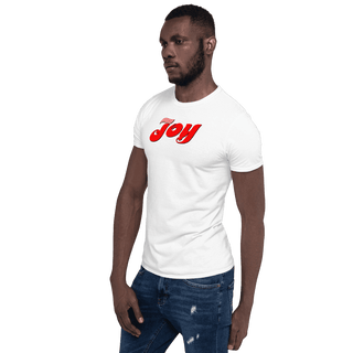 White T-shirt with red Joy script, modeled, side angle