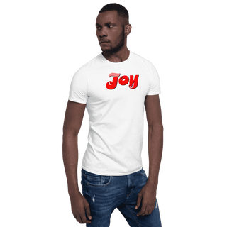 White T-shirt with red Joy script, modeled, opposite front angle