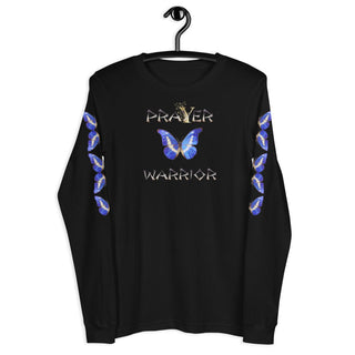 Black long-sleeve T-shirt with Prayer Warrior lettering and blue butterfly design, on a hanger, front view