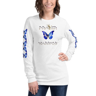White long-sleeve T-shirt with Prayer Warrior lettering and blue butterfly design, modeled, front view