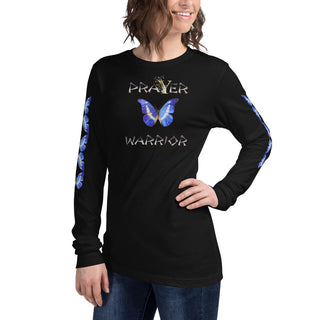 Black long-sleeve T-shirt with Prayer Warrior lettering and blue butterfly design, modeled with hand on hip