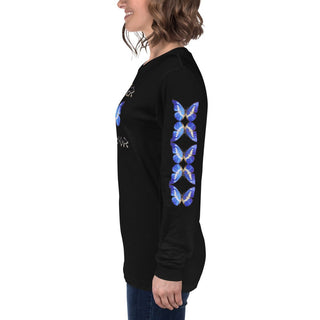 Black long-sleeve T-shirt with Prayer Warrior lettering and blue butterfly design, modeled from the side, showing butterfly sleeve