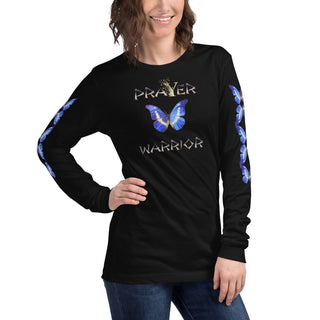 Black long-sleeve T-shirt with Prayer Warrior lettering and blue butterfly design, modeled at an angle