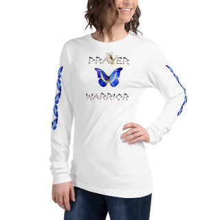 White long-sleeve T-shirt with Prayer Warrior lettering and blue butterfly design, modeled with hand on hip