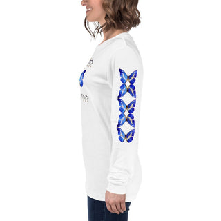White long-sleeve T-shirt with Prayer Warrior lettering and blue butterfly design, modeled from the side, showing butterfly sleeve