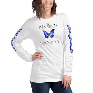 White long-sleeve T-shirt with Prayer Warrior lettering and blue butterfly design, modeled at an angle