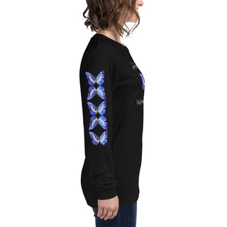 Black long-sleeve T-shirt with Prayer Warrior lettering and blue butterfly design, opposite side view showing butterfly sleeve