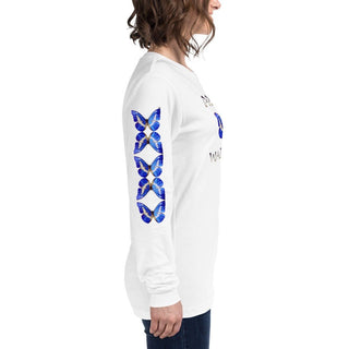 White long-sleeve T-shirt with Prayer Warrior lettering and blue butterfly design, opposite side view showing butterfly sleeve
